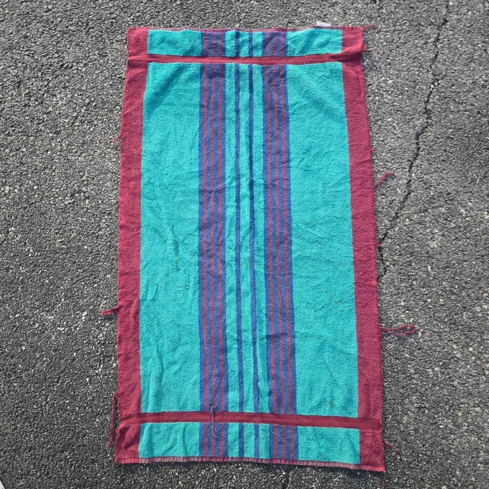 VTG JCPenney Beach Towel Teal Burgundy Striped Pima Cotton Thrashed Distress USA
